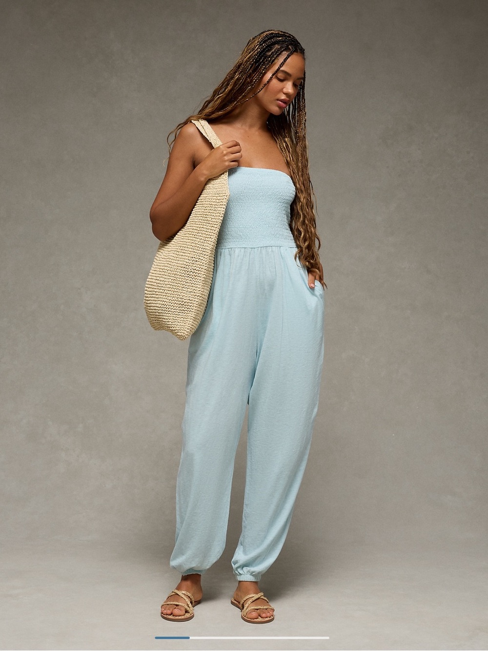 American Eagle Medium Strapless Light Blue Jumpsuit with Smocked Bodice